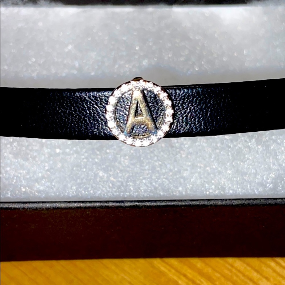 Leather bracelet w/ initial A in Cubic zirconias